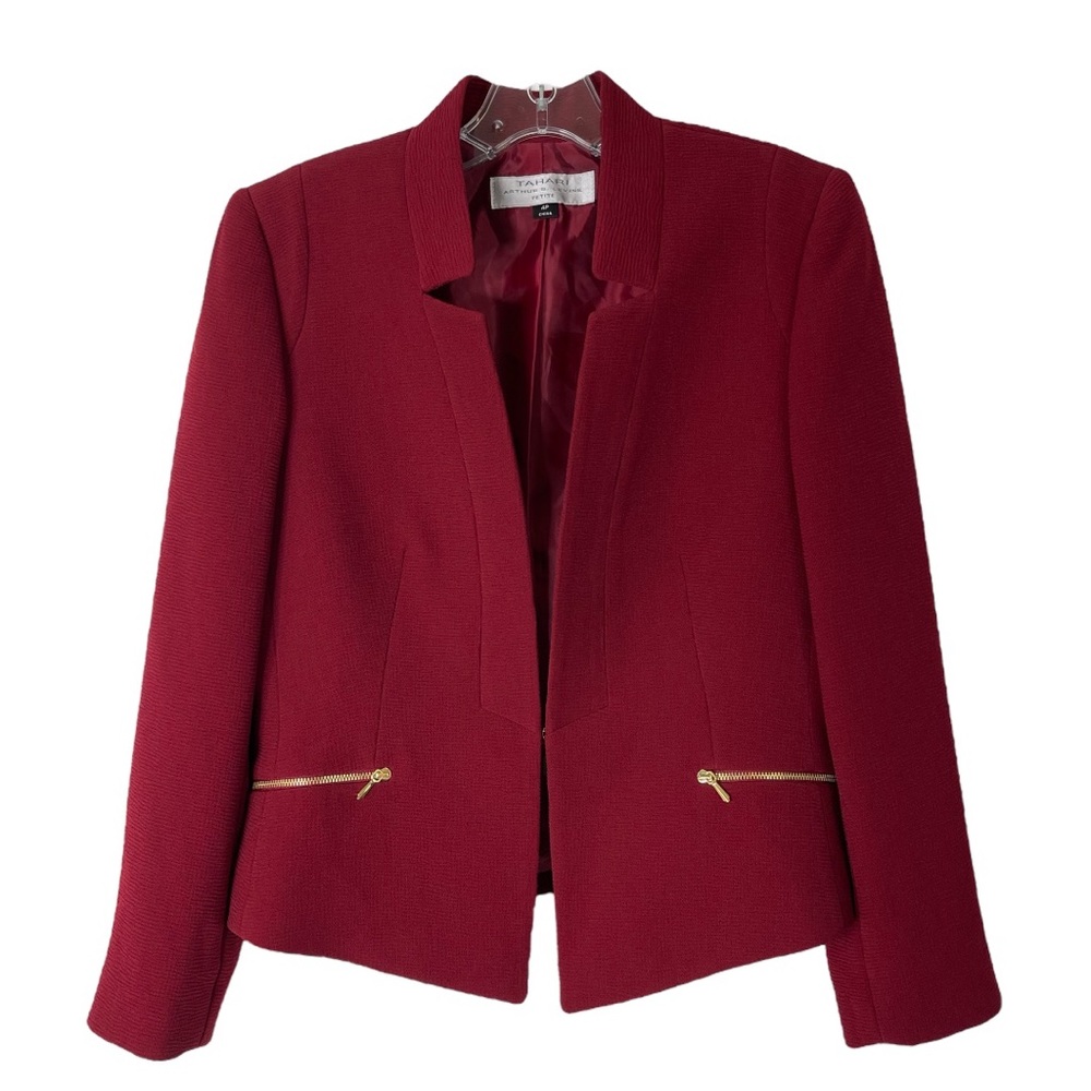 Tahari dark red rust cropped texture zip Prepp office blazer jacket 4P